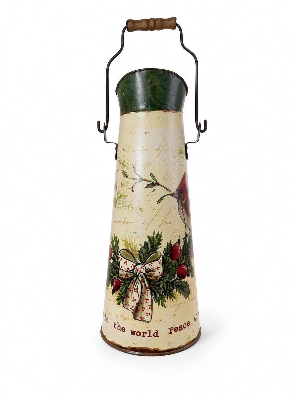 Vintage Decoupage Christmas Milk Can Vase, Cardinal Holiday Pitcher Wire Handle
